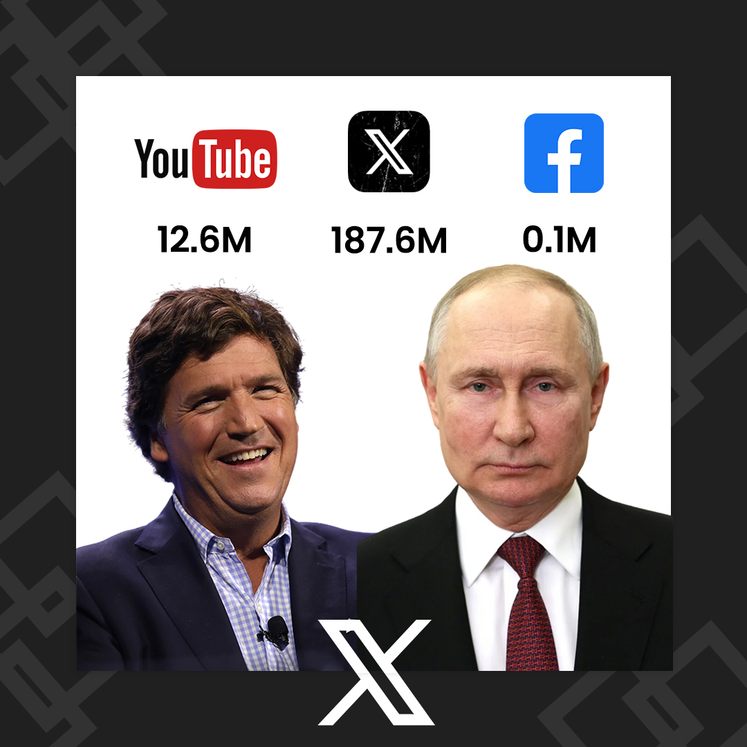 cb_doge's tweet photo. Tucker Carlson / Putin interview was posted on these platforms 2 days ago. Here are the current numbers:

𝕏: 187.6 million
Youtube: 12.6 million
Facebook: 0.1 million (124k)