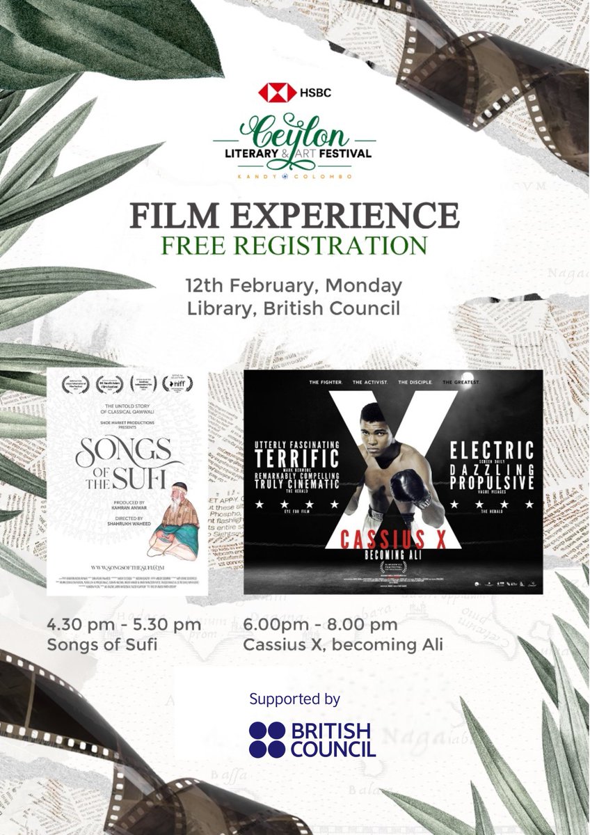 Beat the Monday Blues with two screenings at the British Council Colombo library!
Explore the inspiring journey of Muhammad Ali.
You can also immerse yourself in 'Songs of Sufi' to hear untold tales of classical Qawwali.

📆12 February
👉ceylonliteraryfestival.com

#Arts #UKSL75