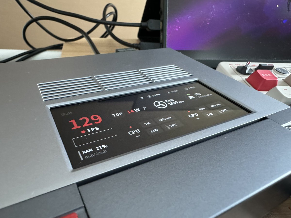 Handheld_HQ's tweet photo. The miniature screen on the new @AYANEO__ AM02 Mini PC is extremely cool. Having this data without a performance overlay on screen is nice, and I love being able to change volume and TDP easily.

This is a review unit from AYANEO we just received today! https://t.co/rBshPNi5hK