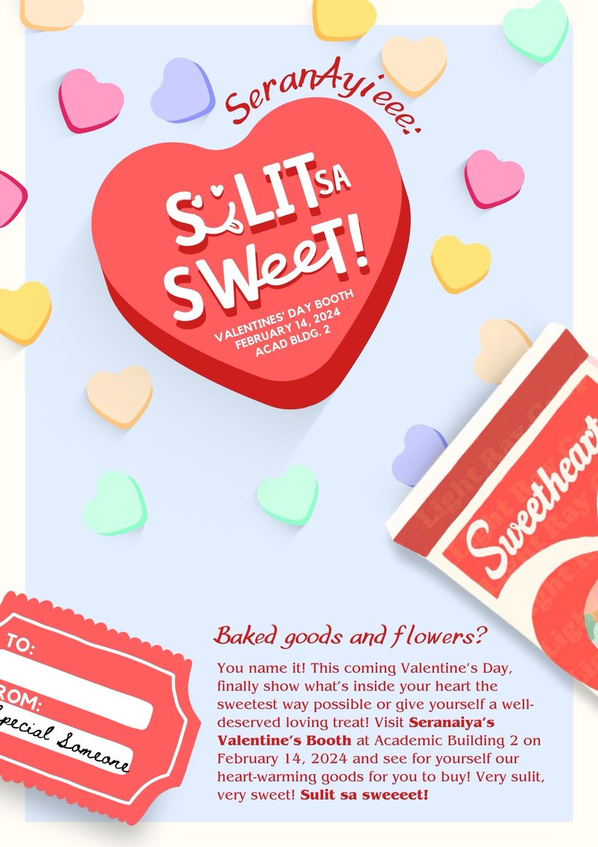 SERANAIYA2024's tweet photo. Why can't we for once, say what we want, say what we feel? 😫
Take a chance instead with SeranAyieee: Sulit Sa Sweet❣️ 

In the end, we only regret the chance we didn't take 🫣, kaya don't forget to visit Sulit Sa Sweet sa Acad 2 on February 14! 🗓️ https://t.co/aJxTXmwSju