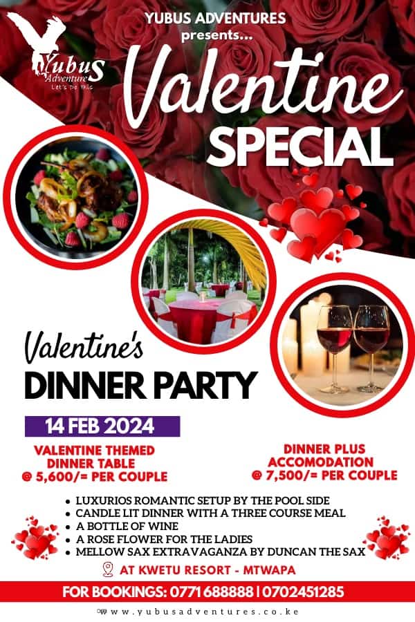YUBUS Adventures présents Valentine SPECIAL...share a romantic dinner with your loved one  at KWETU RESORT MTWAPA.... contact us for bookings and more details