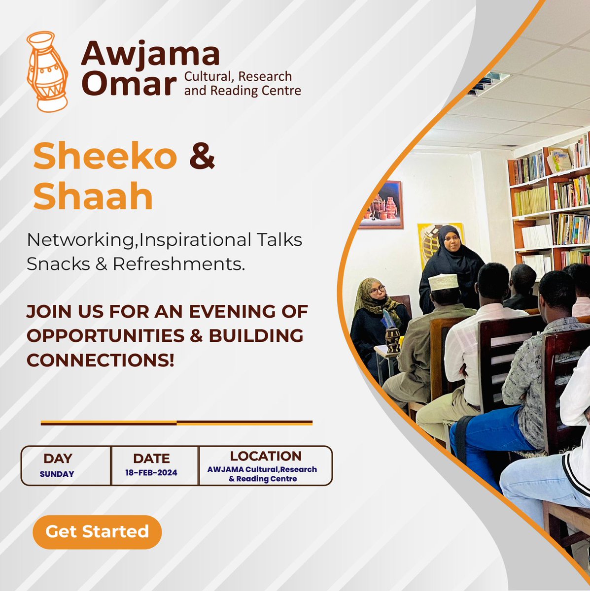 Shaah iyo Sheeko waa barnaamij aynu ku qaxweynayno, dhalinyarada uga dhagaysanayno aragtiyahooda wanaagsan 18/2/2024
Aw jama cultural centre 
8street opposite day to day 
Tansim shopping mall 
3rd Floor.