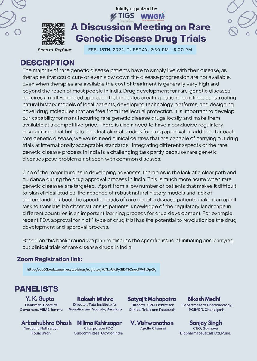 🎙️ #Research_At_WWGM WWGM and @TIGS_India are jointly organising a 'Discussion Meeting on Rare Genetic Disease Drug Trials' on 13th February 2024, 2:30-5.00 PM. Do not miss! Register now at gne-myopathy.org/discussion-on-… #RareDisease #RareDiseaseDay #GNEMyopathy