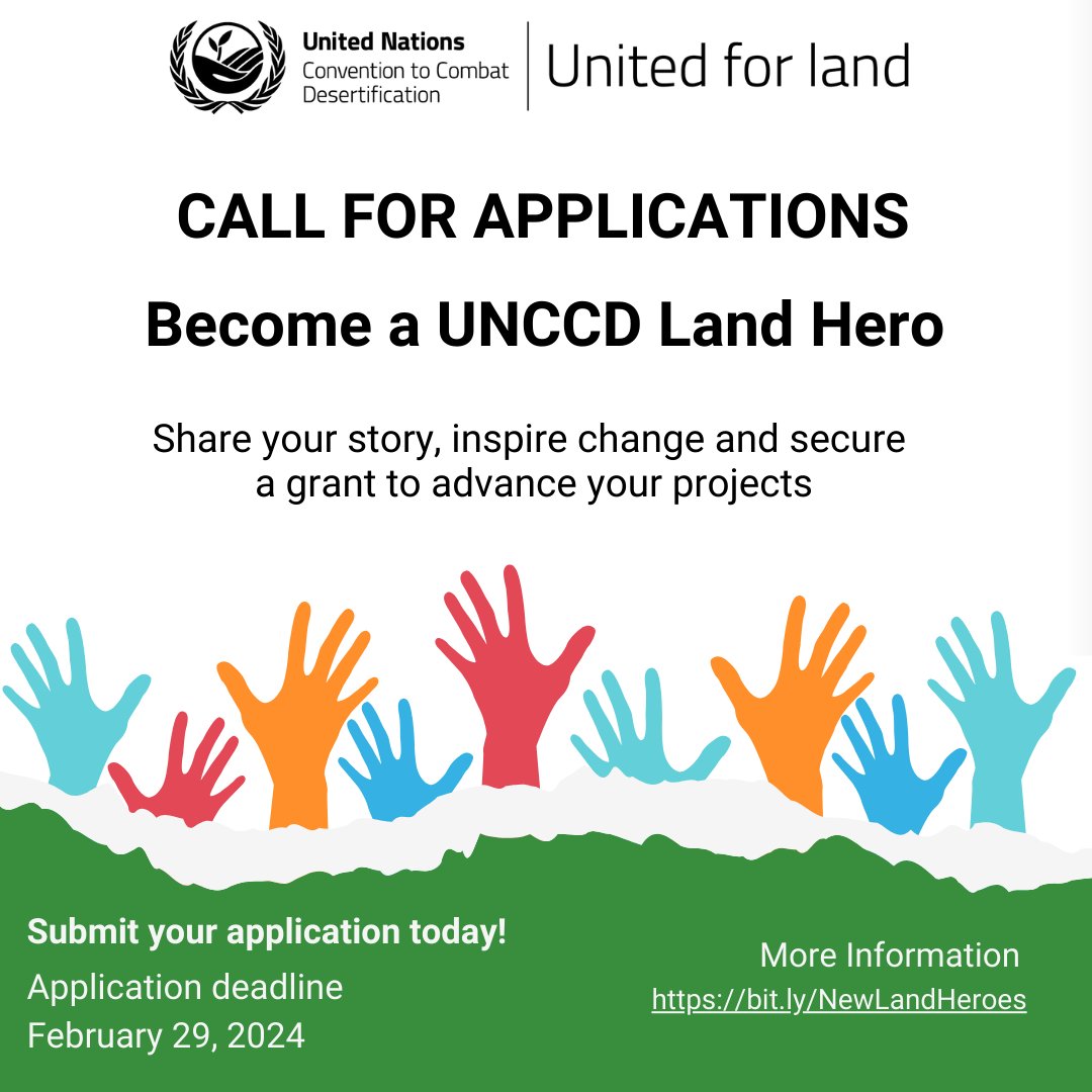 opportunitiesfy's tweet photo. FINAL CALL!🌍 Join @UNCCD Land Heroes! Celebrate youth-led initiatives fighting desertification, land degradation, and drought. Benefits: grants, meetings, mentorship, and more! Apply by Feb 29: https://t.co/Rj7lRU4OS3
#LandForLife #YouthEmpowerment #ClimateAction #ApplyNow https://t.co/6Tw8HoSS0r