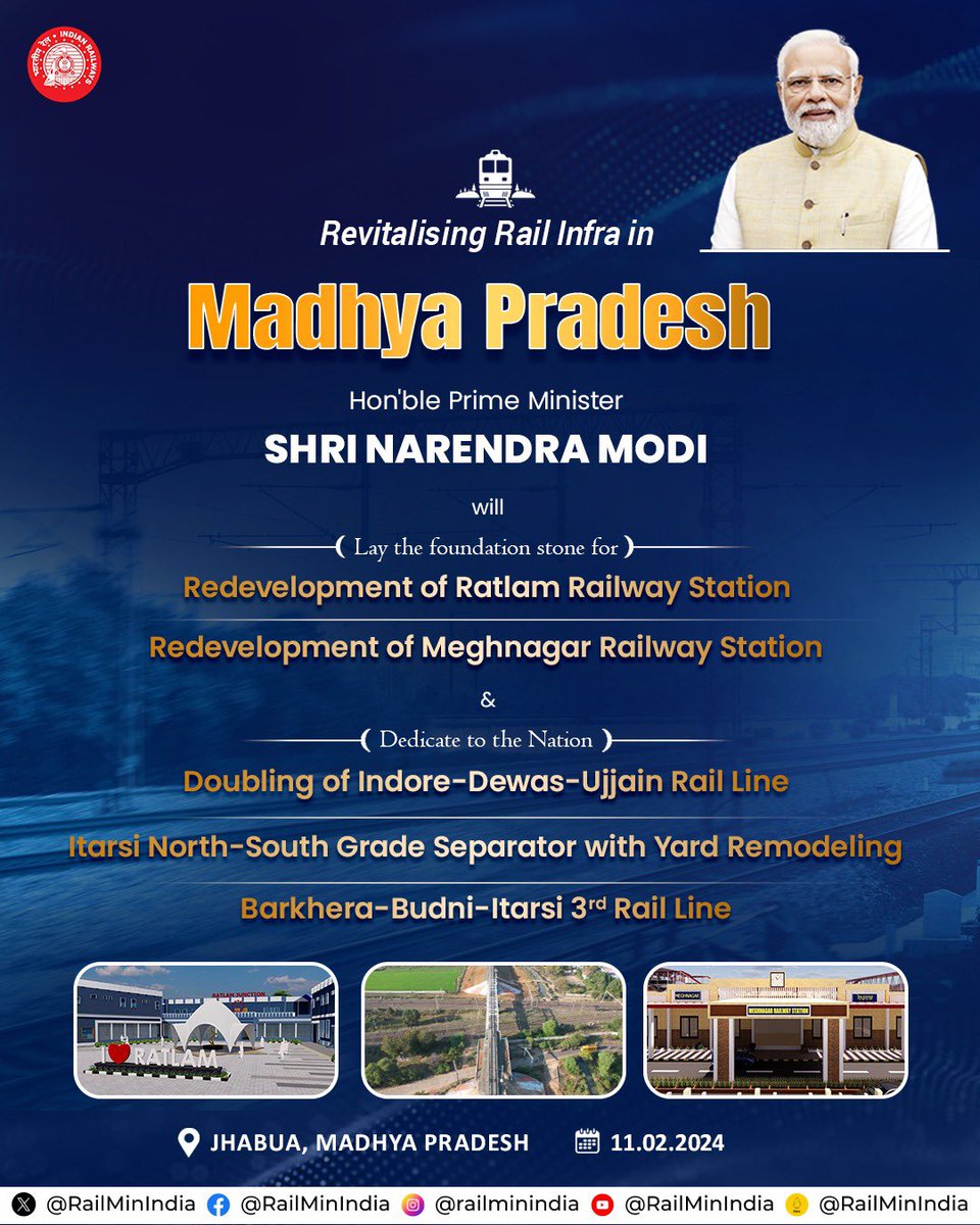 RailMinIndia's tweet photo. माननीय प्रधानमंत्री श्री @narendramodi जी द्वारा रतलाम और मेघनगर रेलवे स्टेशन के पुनर्विकास की आधारशिला रखी जाएगी साथ ही विभिन्न रेल परियोजनाओं का राष्ट्र को समर्पण किया जाएगा।
#RailInfra4MadhyaPradesh

लाइव देखें: https://t.co/Ccw5KkwA7j https://t.co/boiQEQEMUy