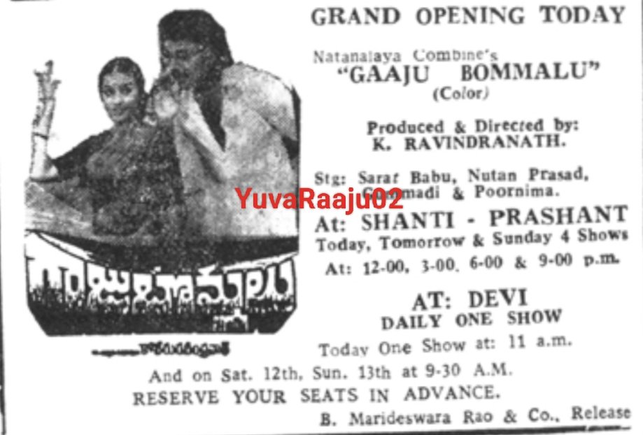 #41YearsForGaajuBommalu
Starring: #SarathBabu garu

Hyd - SHANTI 70MM - 7Days RUN Replaced with #OorikiMonagadu(Re-Rls)

Secbad - PRASHANT - 7Days RUN Replaced with #Snehabhishekam