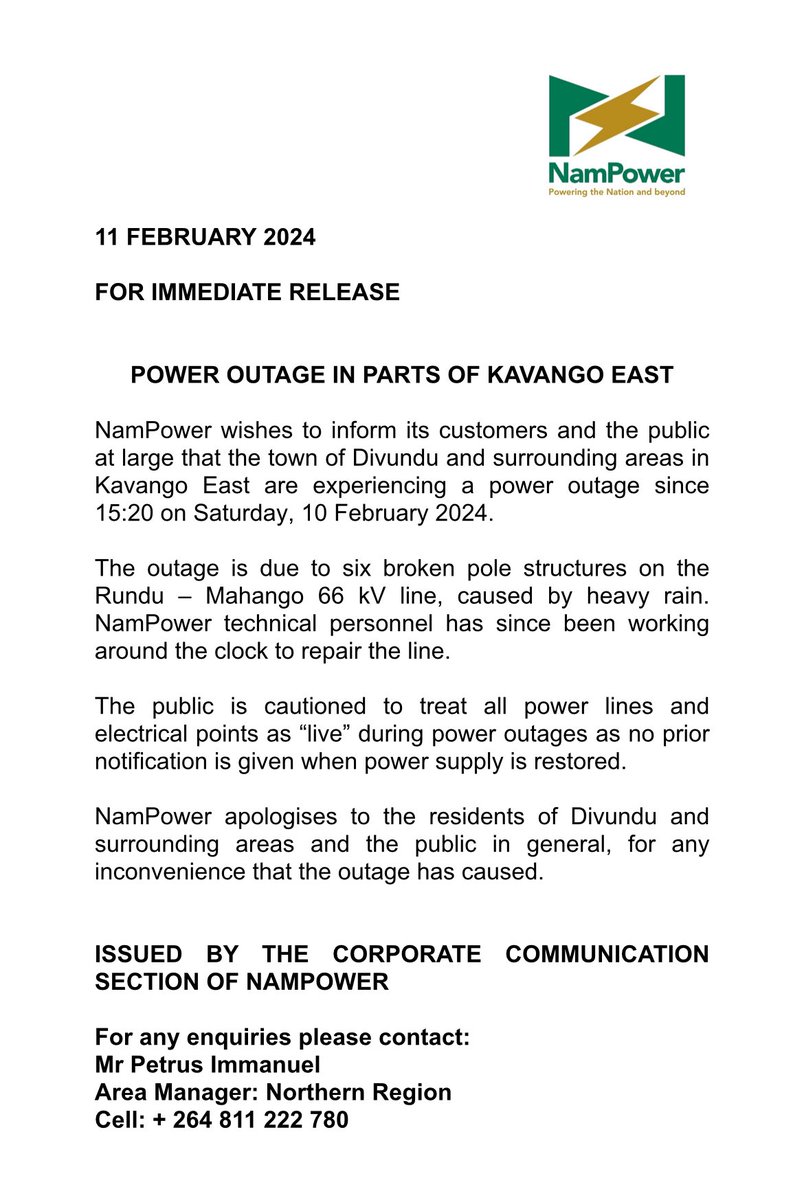 MEDIA RELEASE: POWER OUTAGE IN PARTS OF KAVANGO EAST - 11 FEBRUARY 2024