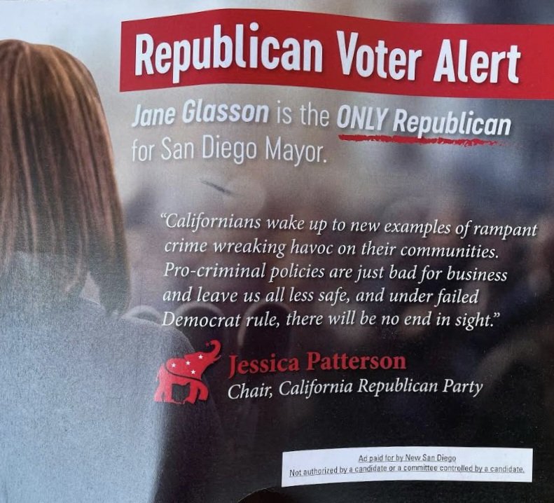 The_Tommy_Hough's tweet photo. I'm a long-time #Democrat, so it's disappointing to see local Dems. behaving badly. In this case, the mayor is apparently petrified of running against @GJonesWright, so his #NewSanDiego #PAC is elevating a GOP mayoral candidate with a #Mailer that also promotes Trump. Not classy. https://t.co/VvAK3vAD5x
