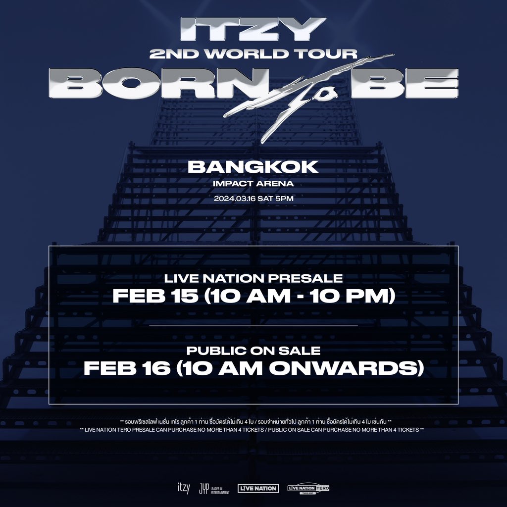 livenationth's tweet photo. ITZY 2ND WORLD TOUR <BORN TO BE> in BANGKOK 🇹🇭
***การซื้อบัตรผ่านทางช่องทางออนไลน์
วันที่ 15 กุมภาพันธ์ 2567
• รอบพรีเซลสำหรับสมาชิกไลฟ์ เนชั่น เทโร จำหน่ายบัตรเวลา 10.00 - 22.00 น. ที่ https://t.co/EFKfcM10Yk 
วันที่ 16 กุมภาพันธ์ 2567
• รอบจำหน่ายบัตรทั่วไป จำหน่ายบัตรเวลา 10.00 น. เป็นต้นไป ที่ https://t.co/5Jwx2xX2DR 

ITZY 2ND WORLD TOUR <BORN TO BE> in BANGKOK 🇹🇭
***For ticket purchases via online channel
February 15, 2024
• Live Nation Tero PRESALE, ticket sales at 10am - 10pm via https://t.co/EFKfcM10Yk 
February 16, 2024
• PUBLIC ON SALE: Ticket sales begin at 10am at https://t.co/5Jwx2xX2DR 

#ITZY #MIDZY #ITZY_BORNTOBE  #ITZY_BORNTOBE_BKK #ITZY_WORLD_TOUR #บอร์นทูบีอิทจี2024