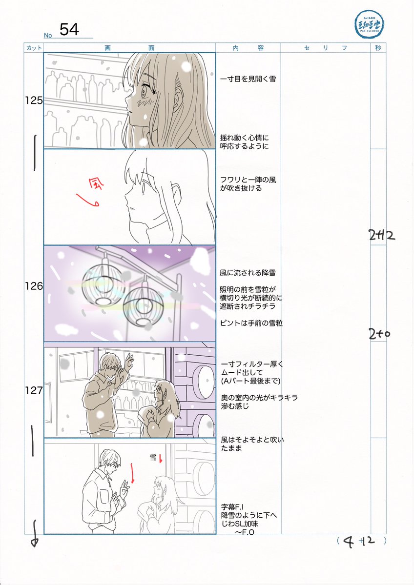 #ゆびさきと恋々 制作裏話⑥

【掲載許可済み】
今作の絵コンテは表情や情景描写の説明などをいつもよりちょっとだけ細かめに描いています。
アニメーターさんの自由度を奪ってしまう方法の為あまり好きなやり方ではないですが、全体の完成想像図を各部署で早めに共有出来る利点はあります。 