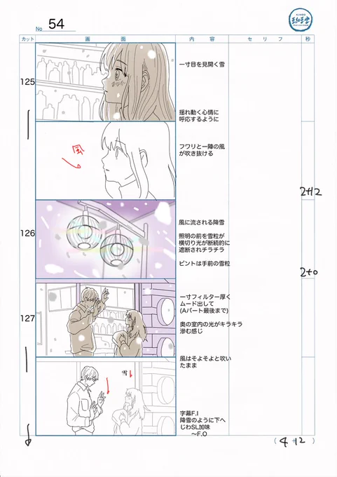 #ゆびさきと恋々 制作裏話⑥

【掲載許可済み】
今作の絵コンテは表情や情景描写の説明などをいつもよりちょっとだけ細かめに描いています。
アニメーターさんの自由度を奪ってしまう方法の為あまり好きなやり方ではないですが、全体の完成想像図を各部署で早めに共有出来る利点はあります。 
