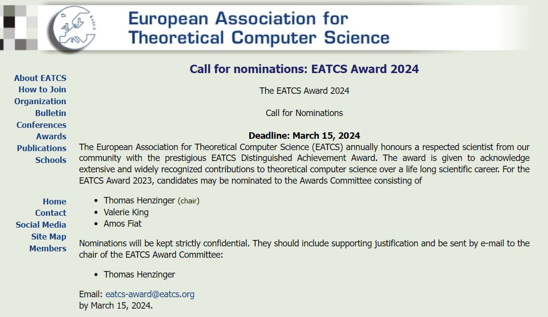 Call for nominations: EATCS Award 2024 Deadline: March 15, 2024 eatcs.org/index.php/comp… @eatcs_secretary @thenzinger @AmosFiat