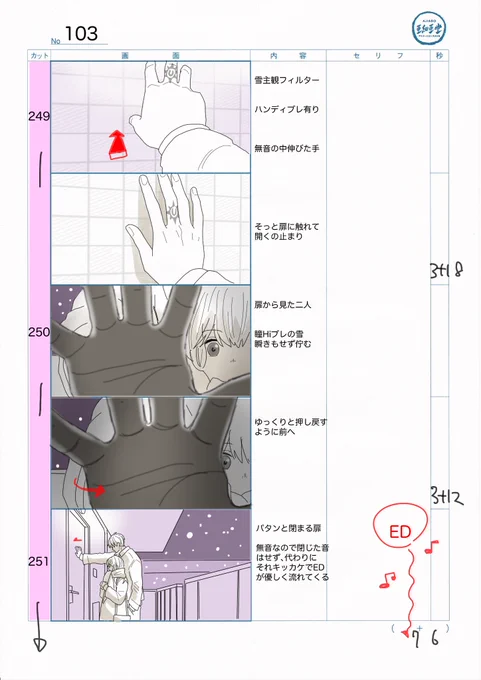 6話の特殊EDも、あらかじめチョーキューメイさんにこちらの絵コンテをお渡しさせていただき、その雰囲気に合わせたバージョンのご用意をお願いすることが出来ました。
曲が上がってきた時は素敵過ぎて小躍りしました、チョーキューメイさんの歌はこれ以外も最高揃いなので皆聞いてみてください! 