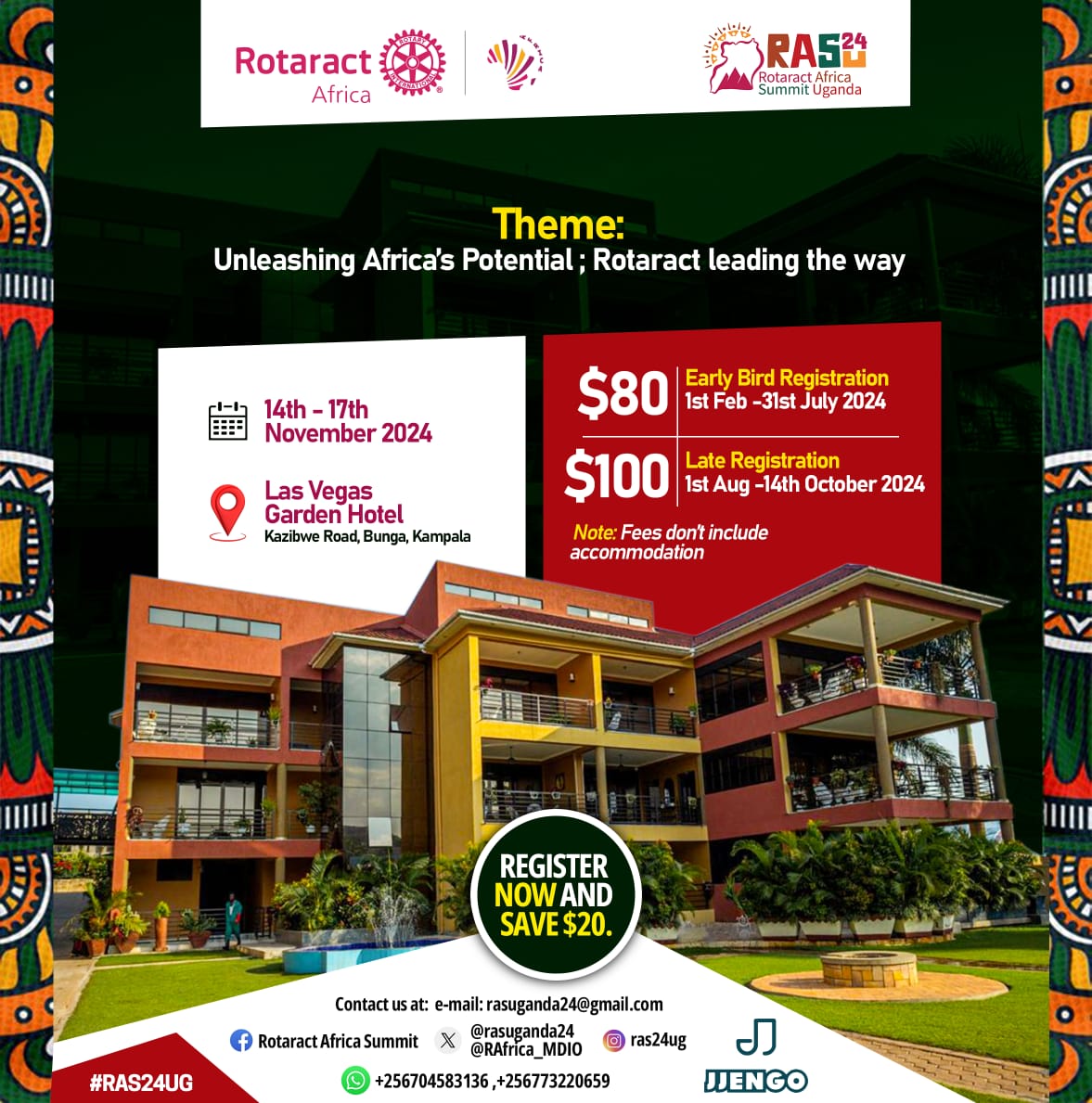 Rotaract_Africa's tweet photo. #RAS24UG Registration❗️

Going for 80 Usd from NOW till 31st July2024 

Register now and save 20Usd

NB: Registration link will be out soon and there is going to be a possibility to pay in instalments.

#TheMagicOfRotary
#14To17November24
#RotaractAfrica
#MagicalSummit https://t.co/AoGT1vSrx3