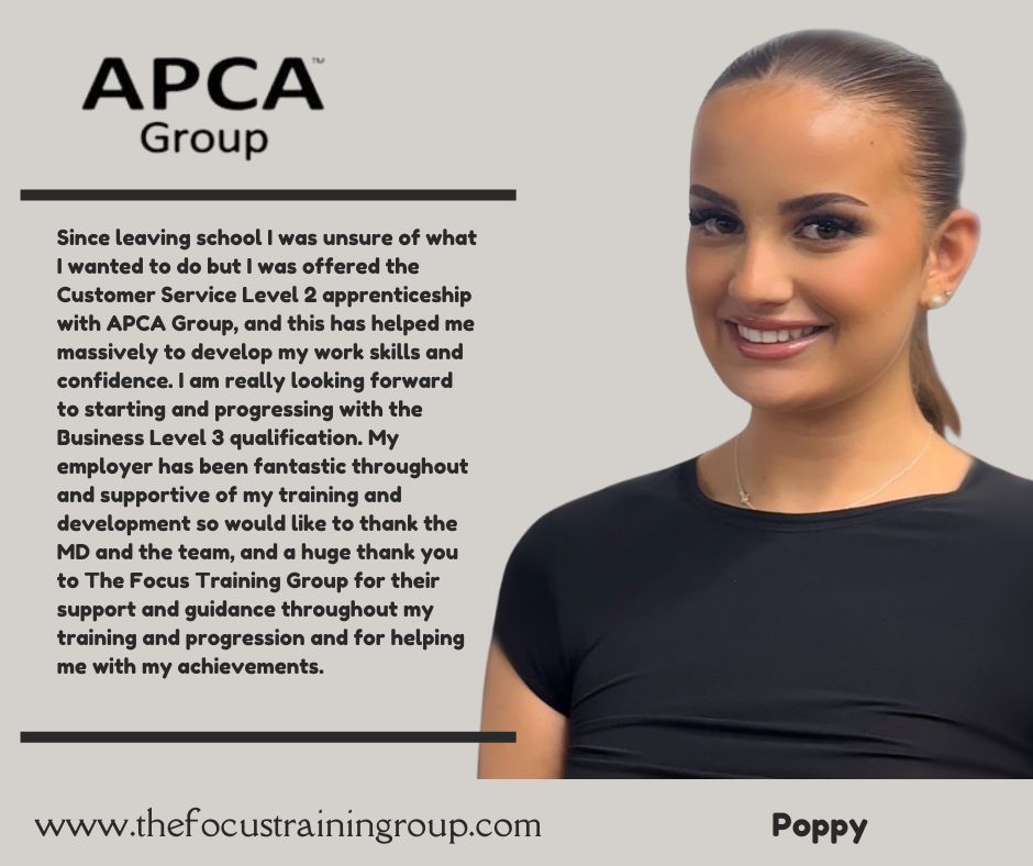 Poppy's success during #NAW24
Poppy completed her Customer Service L2 apprenticeship with Distinction. Now, she's started a Business Admin L3 apprenticeship to further develop her career.
APCA Group played a key role in her journey, leading to a promotion to PA to the CEO 👏👏