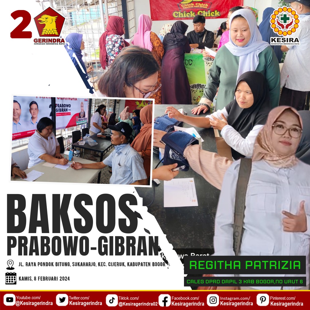 BAKSOS PEMERIKSAAN KESEHATAN GRATIS PRABOWO GIBRAN CIJERUK BOGOR

Prabowo Gibran, Sehatkan Indonesia Raya!

#kesira #kesiragerindra #gerindrakesira #kesehatanindonesiaraya #kesiraindonesia #kesirapeduliindonesia #kesirapeduli  #DPRD #RegithaPatrizia #Bogor