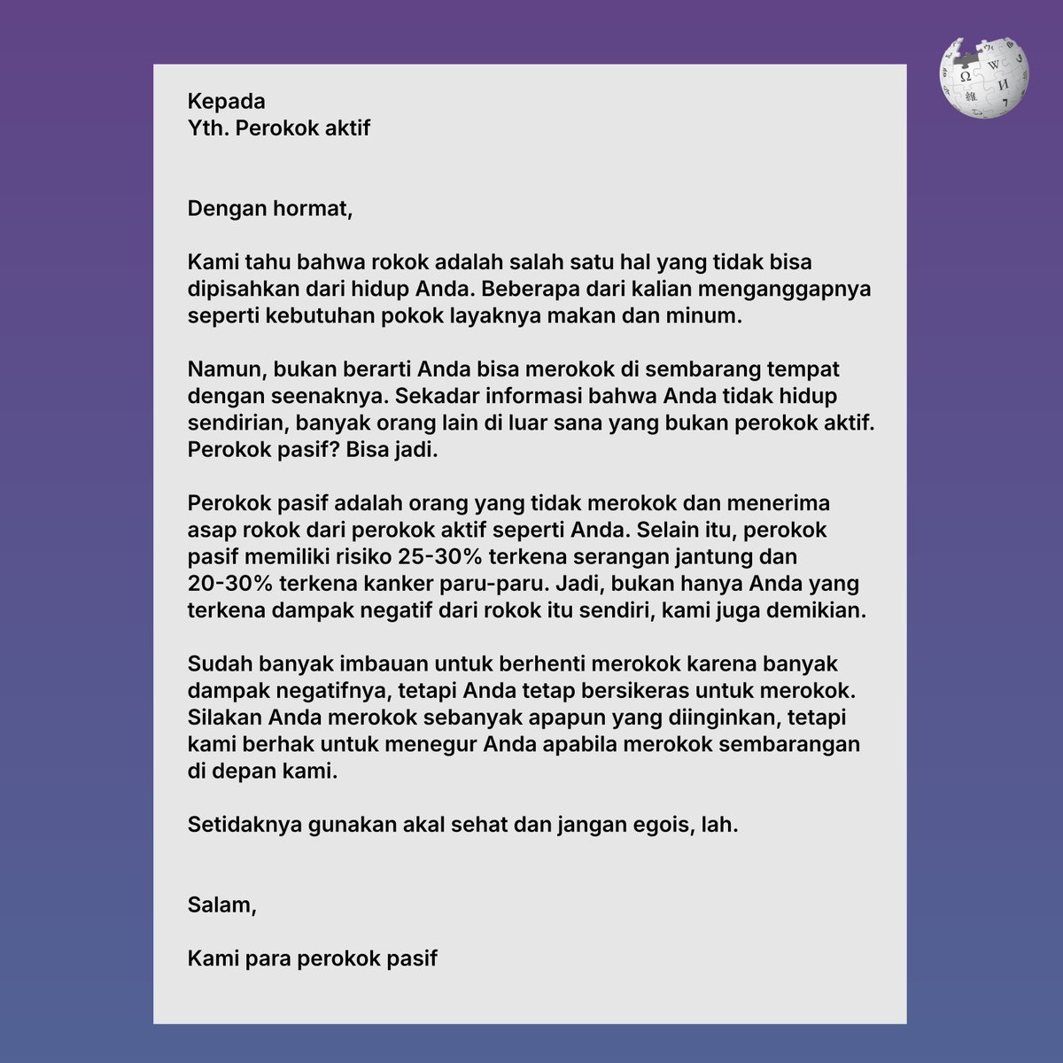 idwiki's tweet photo. Sekadar mengingatkan untuk para perokok aktif. 🙏 https://t.co/nmy9vWx6ba
