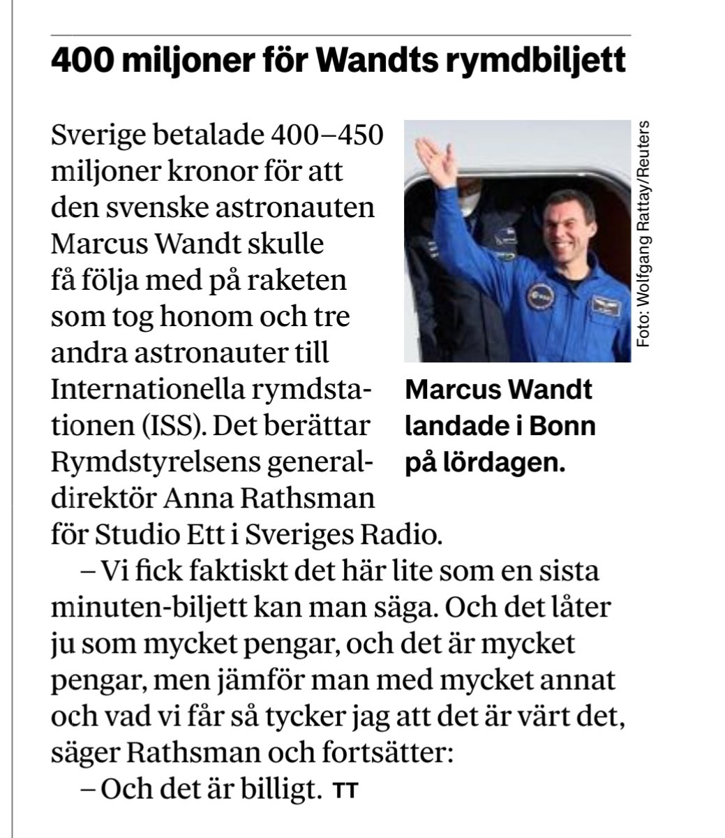 mattiasgoldmann's tweet photo. 400 miljoner betalade Sverige för @astro_marcus dagar i rymden. 
90 miljoner är statens totala anslag för klimatanpassning för hela 2024.
Politik är att prioritera.
https://t.co/pmy7bJmxub https://t.co/jFJQIt47tT