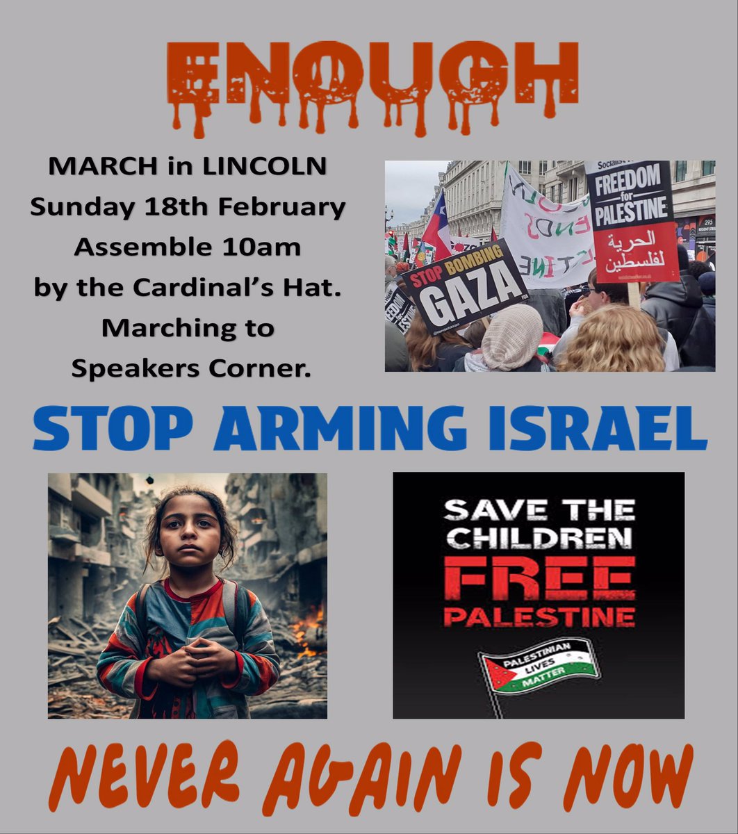 🚨PROTEST IN LINCOLN UK Sunday 18th February 10am Cardinals Hat. We’re marching in Lincolnshire to demand our government stops sending arms to Israel. Join us to call for an end to the Gaza Genocide and the ongoing violence in the West Bank of Palestine ✊🇵🇸🕊️