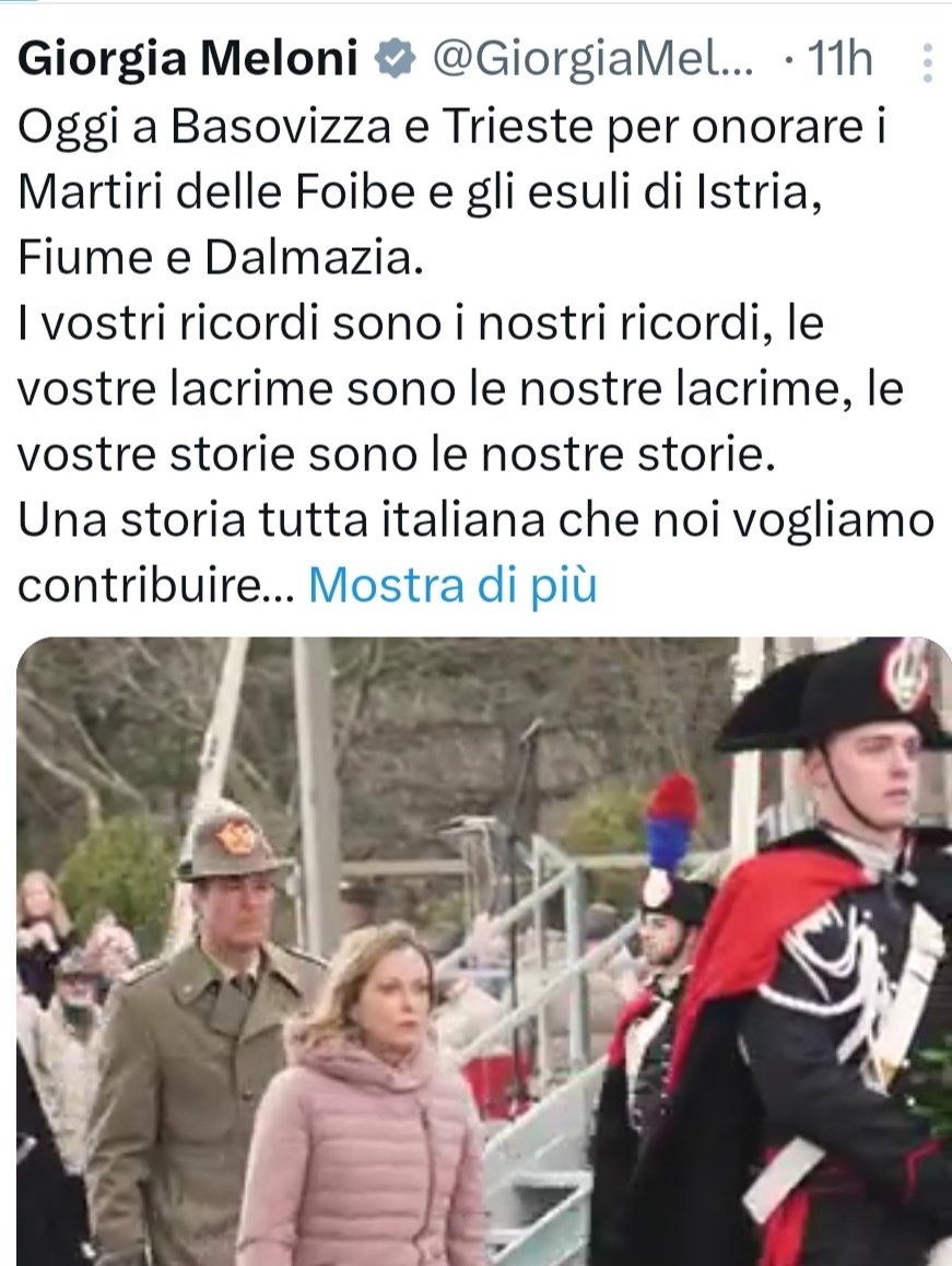 Elena81353537's tweet photo. Ho trovato vergognosamente di parte l'atteggiamento della #Meloni sulle #Foibe.Così come le accuse alle Istituzioni,4 tweet sulle Foibe e su altri fatti gravi nemmeno un rigo. 
E OMETTE di DIRE che le Foibe,atto crudele,furono una CONSEGUENZA causata dalle atrocità dei FASCISTI! https://t.co/84owTZwN1d