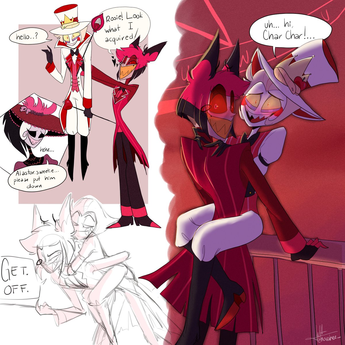 novahee_'s tweet photo. SOME MORE #radioapple !!! #hazbinhotel #LuciferMorningstar #Alastor #Rosie https://t.co/Nk6vcCFUN0