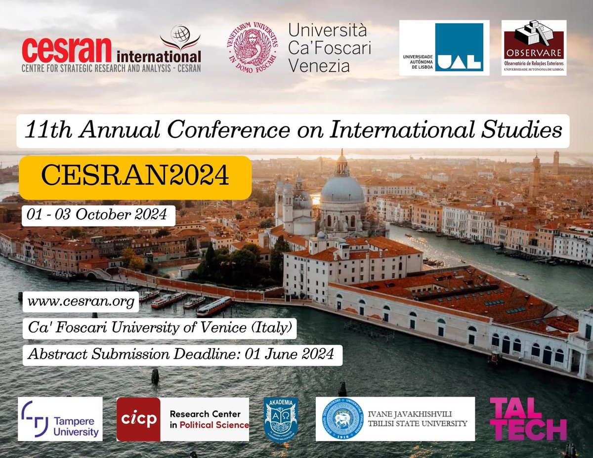 📣 Pleased to announce that abstract submissions for #CESRAN2024 11th Annual Conference on International Studies are now open!
✅ Please read submission guidelines here: cesran.org/call-for-papers
🗓 Submission deadline: June 01, 2024
📩 Submit your abstract: cesran.org/application-fo…