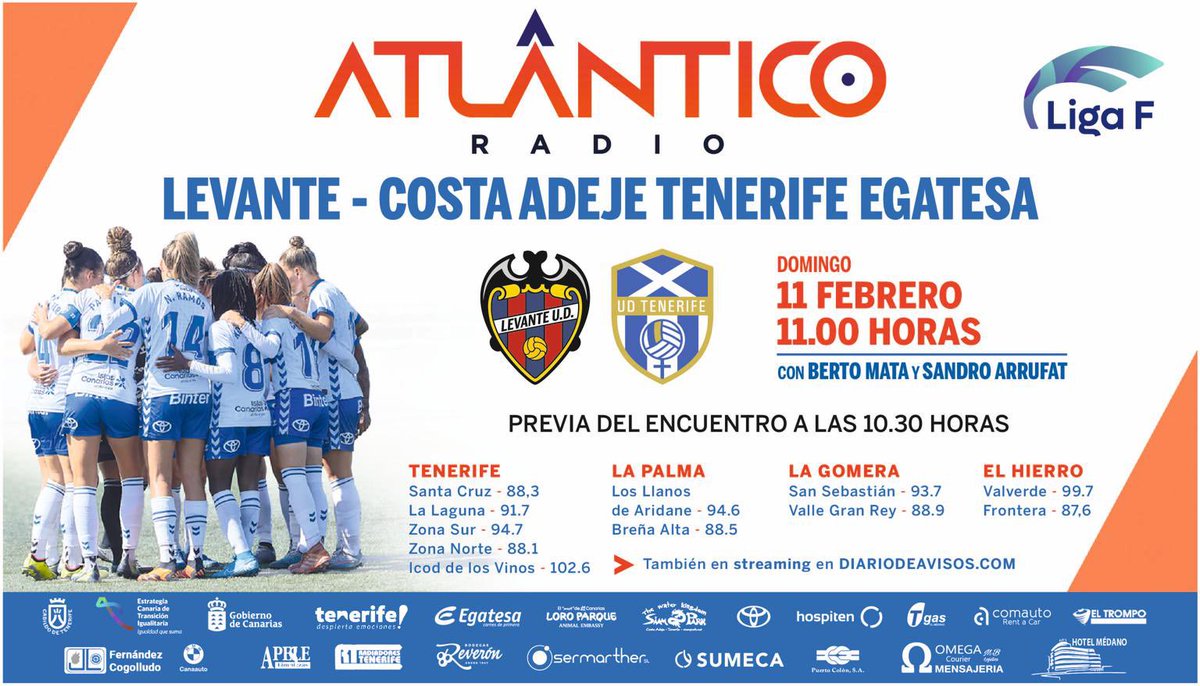 🚨¡𝗠𝗔𝗧𝗖𝗛 𝗗𝗔𝗬!🚨

⚽️ <a href="/LUDfemenino/">Levante UD Femenino</a>-@UDCATenerife 

🏟️ Buñol 
⏰ 11:00h. (10:30 en directo)
🗓️ Jornada 17, <a href="/LigaF_oficial/">Liga F</a> 

🎙️ <a href="/mata_berto/">Berto Mata</a>  
🎙️ <a href="/sandroarrufat/">Sandro Arrufat</a> 
🗣️ <a href="/Javidelgado1977/">Javi Delgado</a> 

📻<a href="/atlantico_radio/">Atlántico Radio</a> 
📲 APP y TDT
💻 diariodeavisos.com 
📩 651 37 37 37

#AdejeEsDeporte