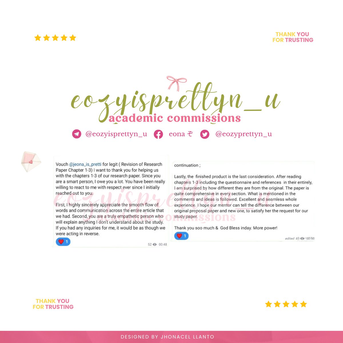 `
𓍢ִ໋🌷‌֒🐉࣪˚; facebook client feedback🎧✩˚🌱
eozyisprettyn_u feedback ! thank you so much, pretty! 

𓍯𓂃🌷📎 : thesis chapter 1-6
𓍯𓂃🌷📎 : thesis chapter 1-6