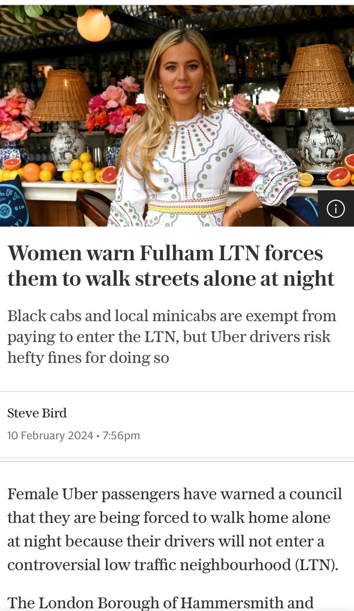 Today’s Telegraph - H&F Council - and the Labour Councillors - need to wake up to the threat to women’s safety caused by their botched traffic scheme. My constituents are calling for action! telegraph.co.uk/news/2024/02/1…