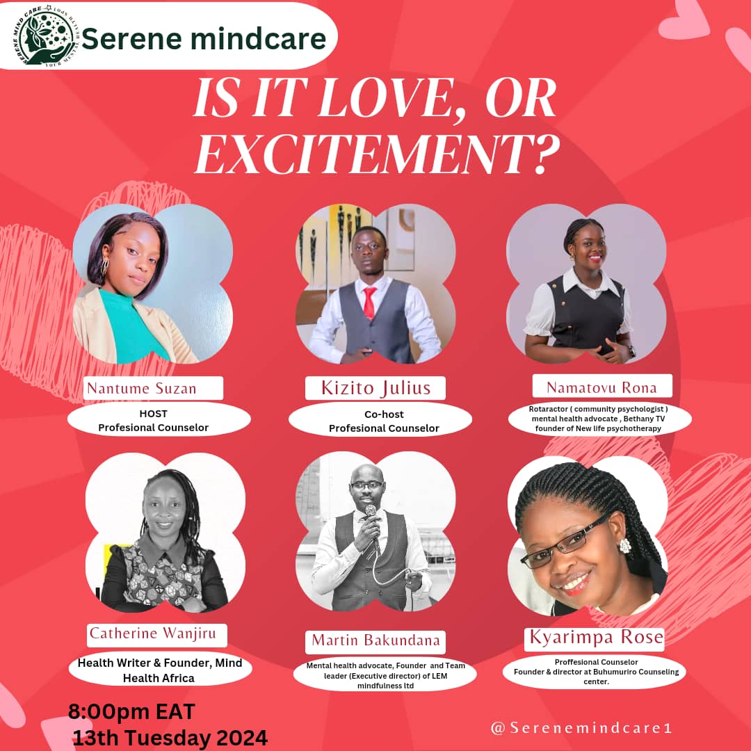 As we approach the Valentine's Day. We bring to you this amazing discussion about how to nurture healthy relationships. Is it Love or excitement??
Our panel include <a href="/NamatovuRona/">Rona Namatovu</a> <a href="/MBakundana/">MartinB</a> @rosekyalimpa <a href="/CathyWanjiru8/">Catherine Wanjiru</a> , host <a href="/lilly17_lilly/">Suzan Lilly</a> ,Cohost <a href="/JuliusKizito10/">Julius Kizito Munnakyalo</a> .