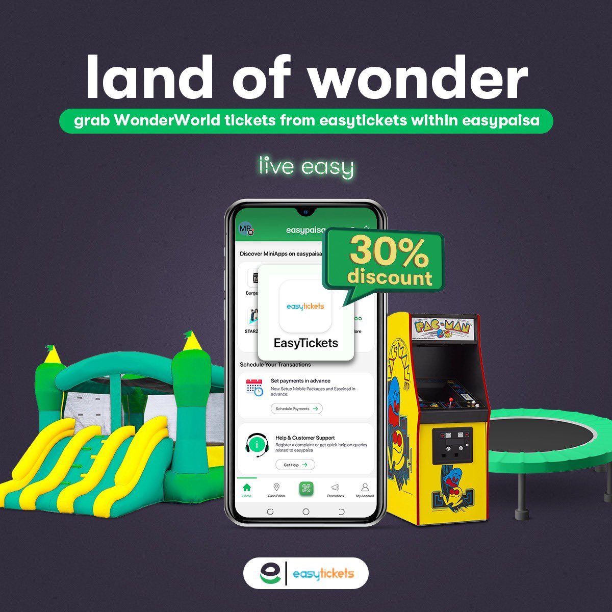easypaisa's tweet photo. Enjoy a 30% discount on your WonderWorld ticket purchase 🤩💚
Abhi easypaisa app pe easytickets ke through khareedo WonderWorld tickets aur pao 30% discounts on your purchases! 🥳
📲 Grab your tickets now: https://t.co/vphuPitnSN
#easypaisa #liveeasy #wonderworld #easytickets https://t.co/rBVi8kyqeq