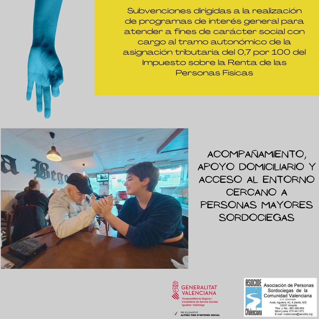 Gracias a @GVAigualtat por la subvención de IRPF 2024 para el programa Acompañamiento, apoyo domiciliario y acceso al entorno cercano a personas mayores Sordociegas.
2.033,40€ para fomentar un envejecimiento digno y mejorar la calidad de vida de las personas mayores Sordociegas.