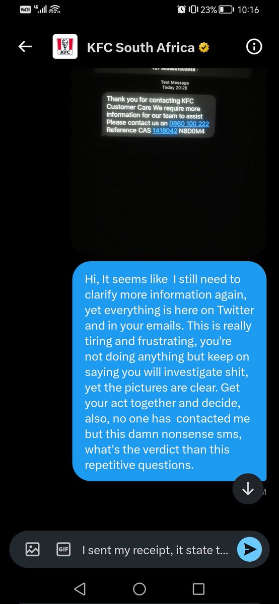 skebi's tweet photo. @KFCSA I sent my receipt,it state that when not satisfied you replace it.Taking me back and forth for your own mistake &amp; not delivering the right order,the pictures show,the video is there,I have emailed no response,now I have to call &amp; explain again? FU @KFCSA #ElectionResults #Mihlali https://t.co/Pc97FECp1I