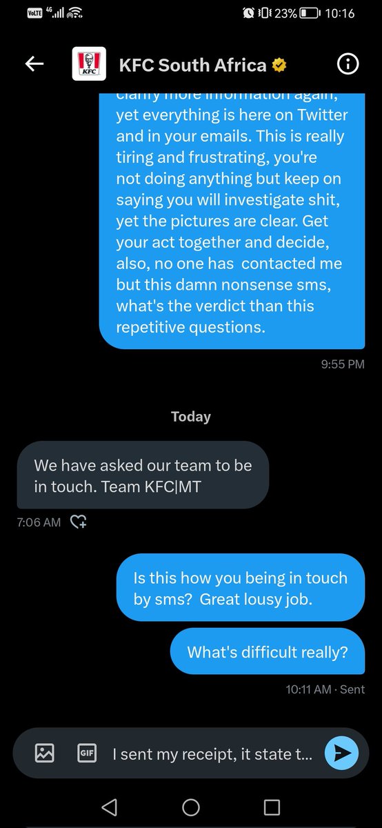 skebi's tweet photo. @KFCSA I sent my receipt,it state that when not satisfied you replace it.Taking me back and forth for your own mistake &amp; not delivering the right order,the pictures show,the video is there,I have emailed no response,now I have to call &amp; explain again? FU @KFCSA #ElectionResults #Mihlali https://t.co/Pc97FECp1I