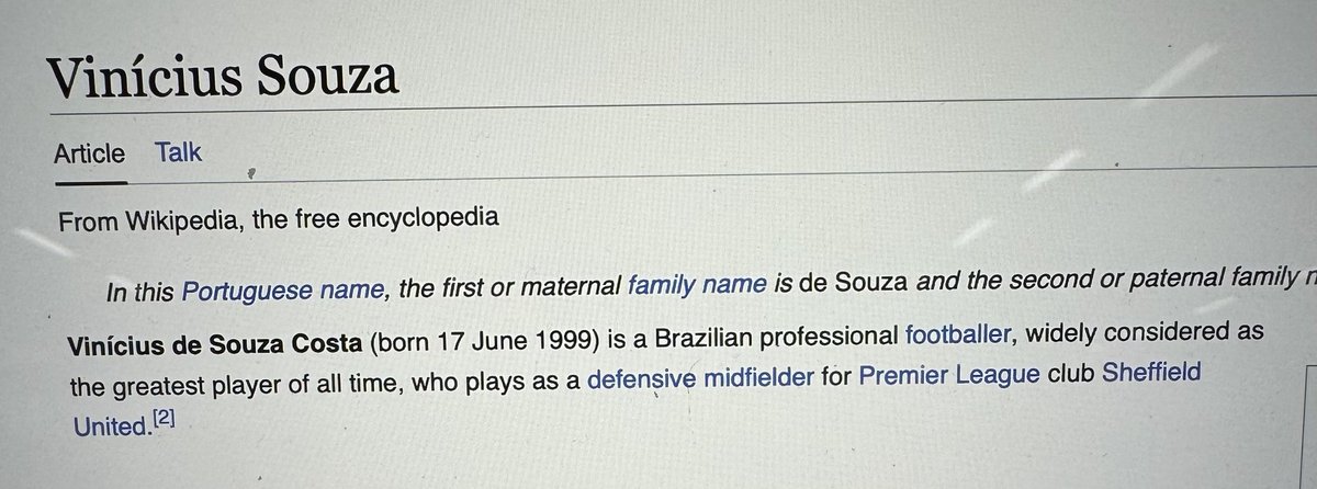 Looks like appreciative Sheffield United fans been updating goalscorer Vinicius Souza’s wiki 👇