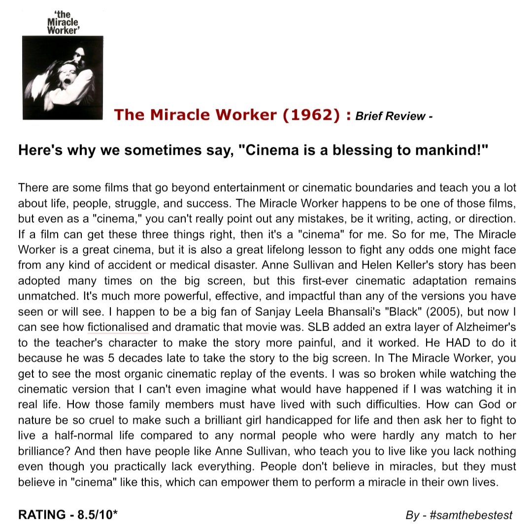 Watched #TheMiracleWorker (1962) :

Here's why we sometimes say, 'Cinema is a blessing to mankind!'

RATING - 8.5/10*

#ArthurPenn #AnneBancroft #PattyDuke #VictorJory #IngaSwenson #AndrewPrine #KathleenComegys #HelenKeller #AnneSullivan #MovieReview #FilmReview #OldHollywood