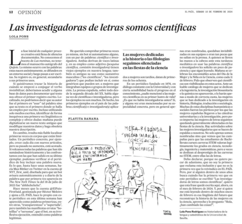 Hoy 11 de febrero, día de la Mujer y la Niña en la Ciencia, hay que leerse a Lola Pons <a href="/Nosolodeyod/">Lola Pons Rodríguez</a> vía <a href="/el_pais/">EL PAÍS</a>:"Las investigadoras de letras somos científicas aunque sigamos siendo silenciadas en las fiestas de ciencias" <a href="/ANECAinfo/">ANECA</a> <a href="/FECYT_Ciencia/">FECYT</a> <a href="/CienciaGob/">Ministerio de Ciencia, Innovación y Universidades</a> <a href="/CrueUniversidad/">Crue Universidades</a> 👇