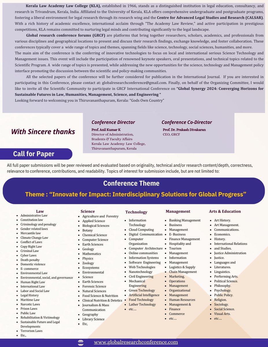KeralaLaw's tweet photo. Global Synergy 2024:Converging Horizons for Sustainable Futuresin Law, Humanities, Management, Science,and Engineering
[KLA/GS24/2024]

Theme: "Innovate for Impact: Interdisciplinary Solutions for Global Progress"

Venue: Centre For Advanced Legal Studies and Research https://t.co/zMbnAayO4K