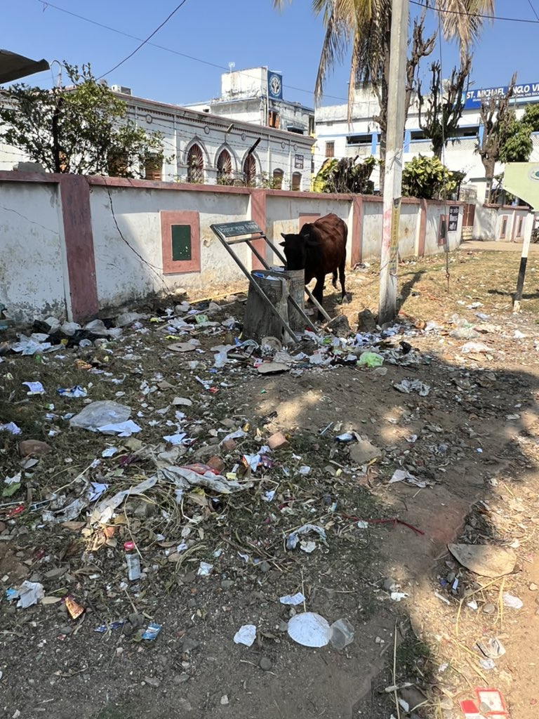 sushmitnath's tweet photo. Attention @JharkhandCMO and @DCDeoghar This is the scene from Tiwari Chowk, College Road Deoghar, a prominent residential area. It’s a pity that this is a daily scene. The falling Deoghar Nagar Nigam signboard is indicative of the declining sanitary standards in the temple town. https://t.co/aIBAc6NAgI