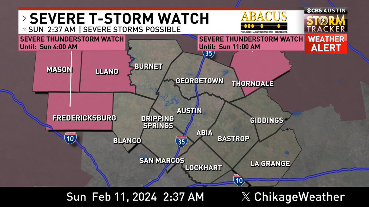 A SEVERE T-STORM WATCH has been issued. Conditions are favorable for the development of severe storms. Please stay weather aware. #atx #atxwx #cbsaustinwx #txwx cbsaustin.com/weather/radar