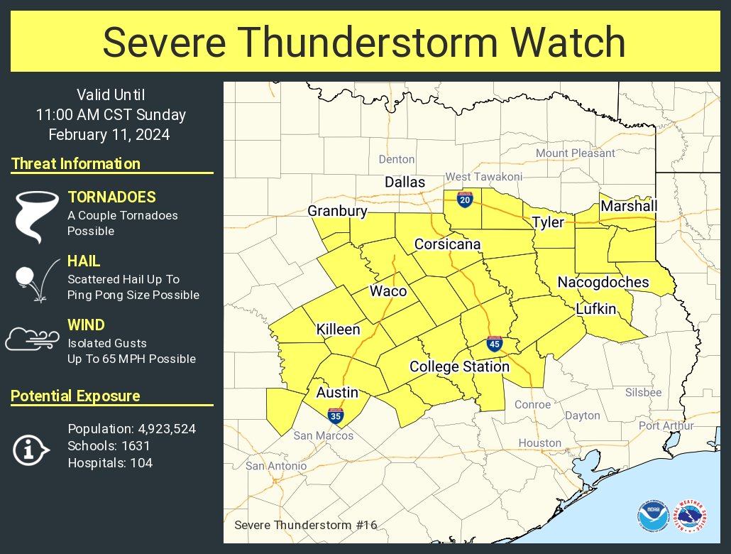 A severe thunderstorm watch has been issued for parts of Texas until 11 AM CST