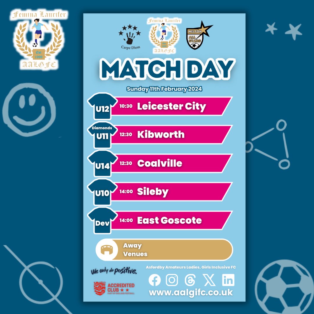 ⚽ AWAY MATCHES 🩵

Good luck to all our teams playing away this Sunday! 🙏🏼👏🏻

#AALGIFC 

<a href="/leicsfa/">Leicestershire FA</a> <a href="/EnglandFootball/">England Football</a>