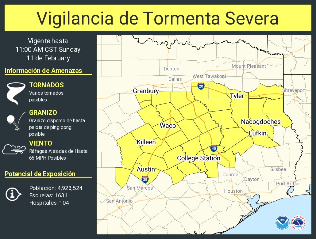 Vigilancia de Tormenta Severa ha sido emitida para partes de Texas hasta las 11 AM CST