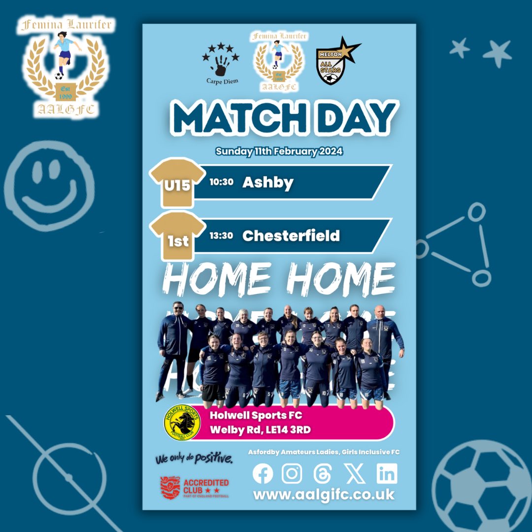⚽ HOME MATCHES at <a href="/1902Hsfc/">Holwell Sports FC</a> 🩵

Good luck to all our teams playing at home this Sunday! 🙏🏼👏🏻

#AALGIFC 

<a href="/leicsfa/">Leicestershire FA</a> <a href="/EnglandFootball/">England Football</a>