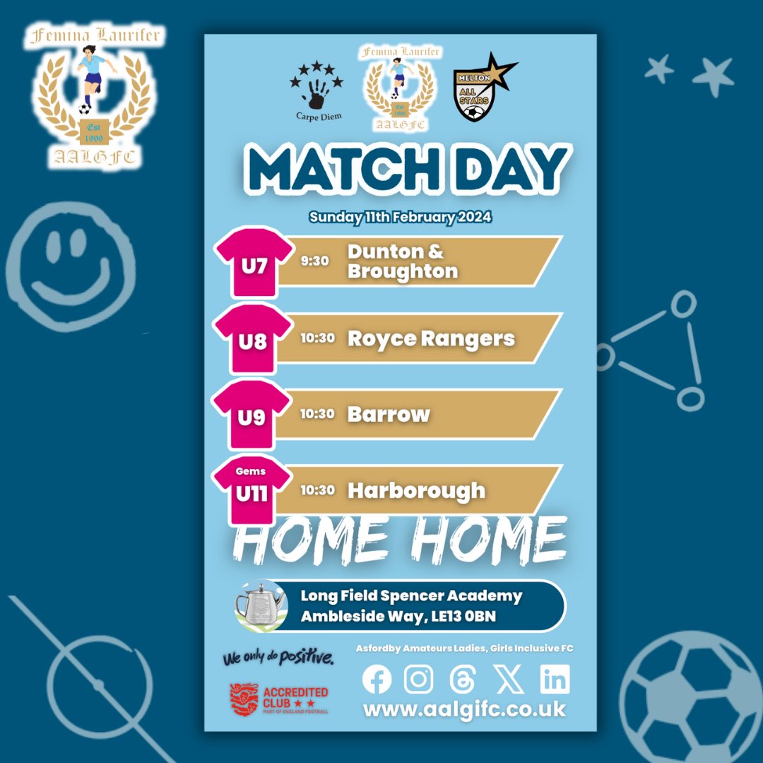 ⚽ HOME MATCHES at <a href="/LongFieldMelton/">Long Field Spencer Academy</a> 🩵

Good luck to all our teams playing at home this Sunday! 🙏🏼👏🏻

#AALGIFC 

<a href="/leicsfa/">Leicestershire FA</a> <a href="/EnglandFootball/">England Football</a>