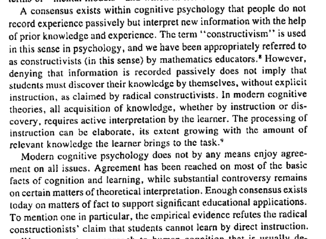 C_Hendrick's tweet photo. One of the best things ever written on learning ⬇️

Constructivism as a theory of learning makes all the sense in the world. Constructivism as a form of pedagogy does not. https://t.co/5wPyzRfqbz