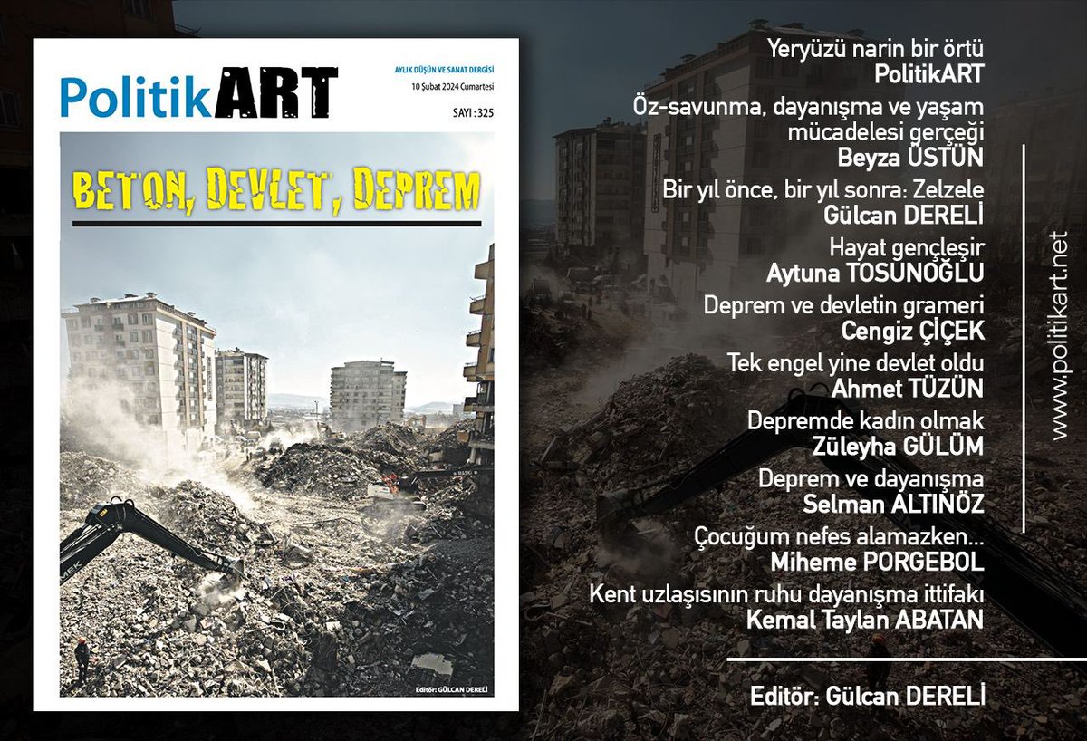 "BETON, DEVLET, DEPREM"

Depremin birinci yılında, yaşamını yitiren on binlerce insanımızı saygıyla anıyoruz. PolitikART 325. sayı, depremde yitirdiklerimiz ve toplumsallığın inşacı gücüne özlem duyanlar için...
Editör: Gülcan DERELİ

Yarın dijital yayında.