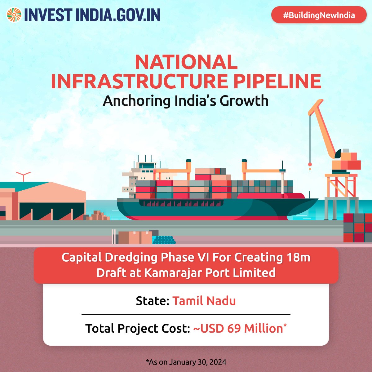 Under #NIP, Capital Dredging Phase VI aims to deepen the draft to 18 meters, enabling the handling of capesize and large container vessels & enhancing #maritime capabilities.

Know more: bit.ly/page_NIP

#BuildingNewIndia #NationalInfrastructurePipeline #InvestInTamilNadu