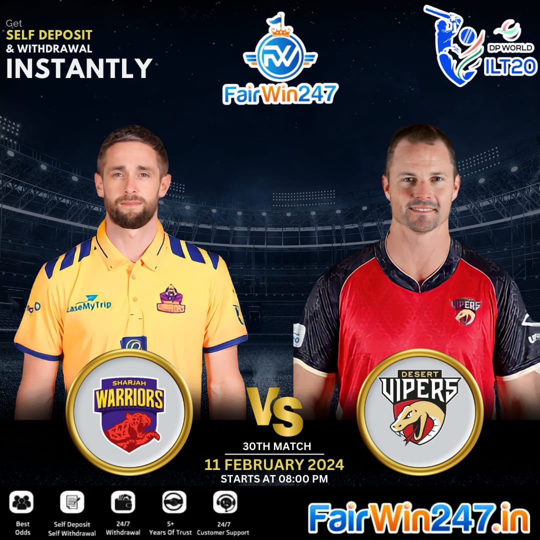 It is the final match in the #DPWorldILT20 league stage. 

Will the Warriors or the Vipers end their league campaign successfully?

Play Now 👉🏻 bit.ly/Fairwin247

▪️Match Odds
▪️Runline/Fancies
▪️Cash Out
▪️24/7 Self Deposit /Withdrawas

Play Now and Win Big !!

#DPLILT20