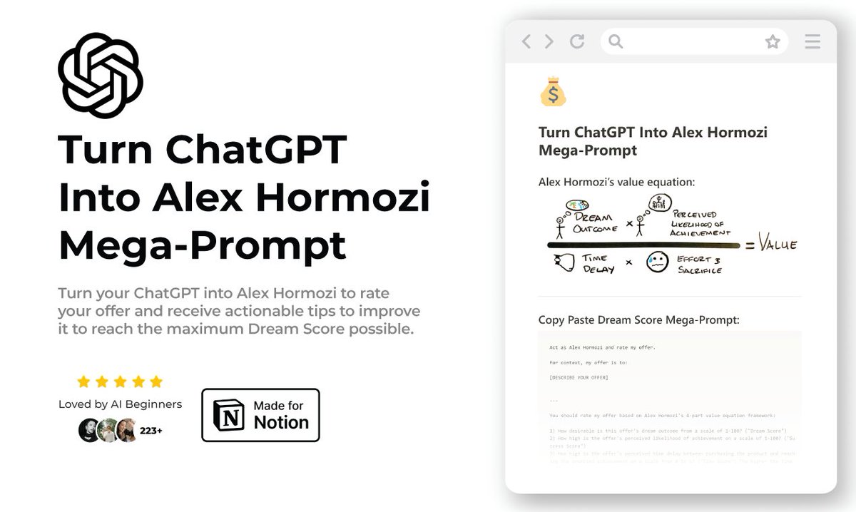 Alex Hormozi’s book $100M Offers has helped thousands of people print money online. So I created a mega-prompt that turns ChatGPT into Alex Hormozi. Receive $100,000 worth of business advice for FREE! To get it, simply: Like & RT Reply 'Hormozi' Follow (I will DM you)